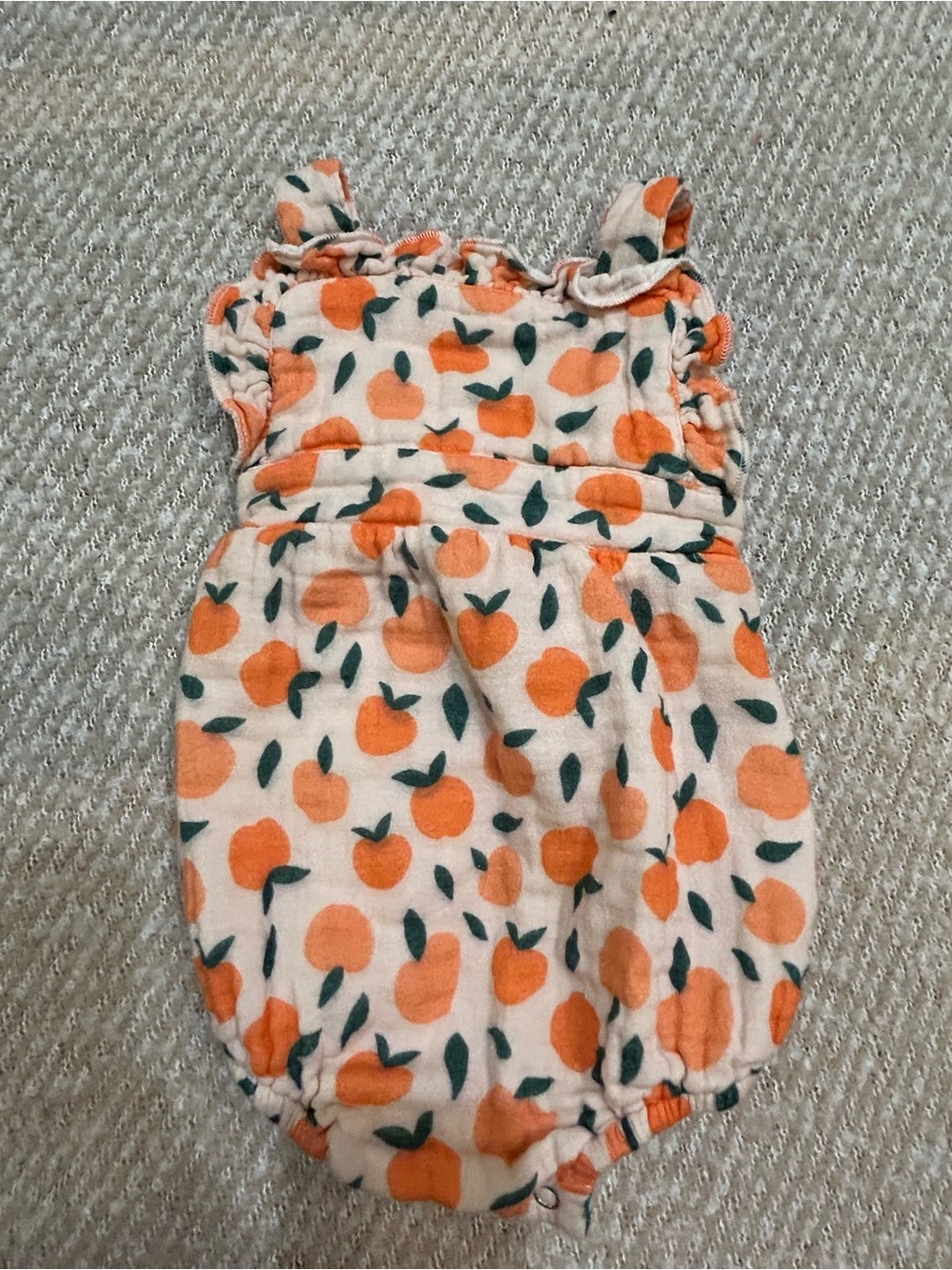 Stitchy Fish Orange Print Baby Romper - Orange & Green EUC
